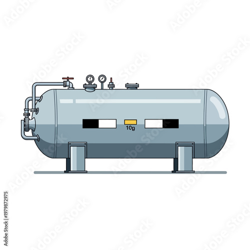 Industrial storage tank with gauges and valves, horizontal pressure vessel illustration