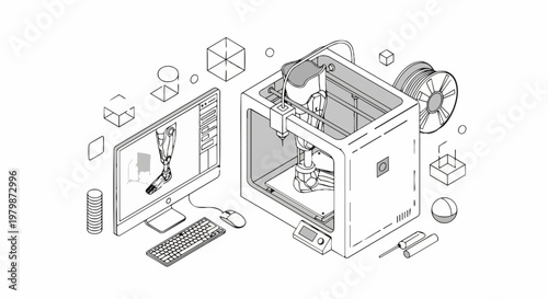 Isometric Illustration of 3D Printing a Prosthetic Leg with CAD Software on Computer Monitor - Additive Manufacturing and Medical Technology Concept