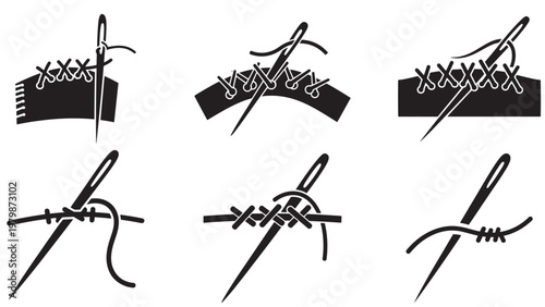 Collection of Minimalist Black and White Vector Icons Depicting Various Sewing Stitches, Needles, and Threads for Mending and Crafting Projects