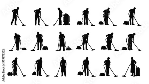 A collection of black silhouette figures depicting people engaged in various cleaning tasks with different tools high quality professional detailed modern