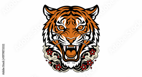 Majestic Tiger's Roar: A striking graphic of a tiger's head, showcasing its fierce roar and intricate design against a clean background, conveying power and artistic detail.