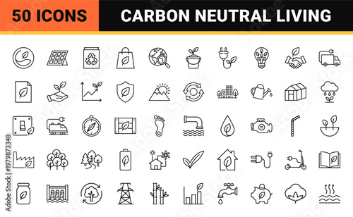 Sustainable environmental and net zero thin line icon set
