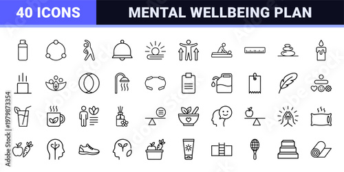 Wellness and mindfulness icon set in minimalist black outline style.