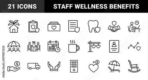 Business employee benefits and corporate wellness line icon set