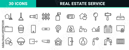Real estate and home maintenance minimalist line icon set.