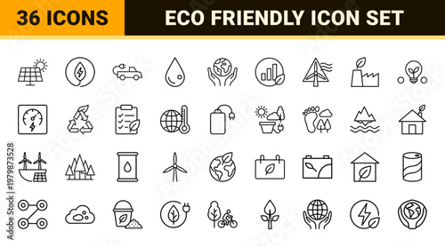 Net zero sustainability and green ecology line icon set