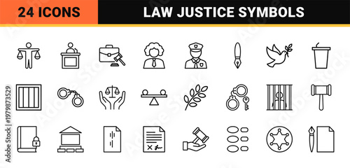 Law and justice minimalist line icon set for legal and judicial design.