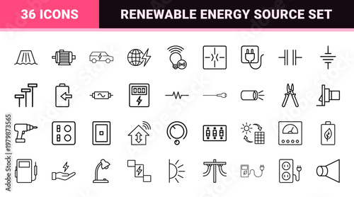 Electrical technology and renewable energy minimalist outline icon set