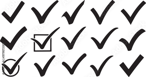 Collection of black checkmarks on a white background