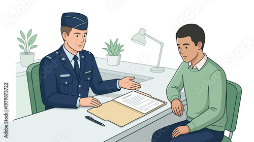 Military draft consultation An illustration of military personnel discussing options with a civilian, symbolizing the military draft process and personnel consultation