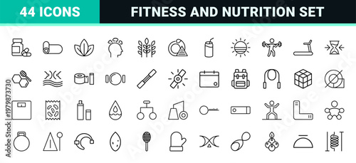 Minimalist healthy lifestyle and wellness linear icon set.