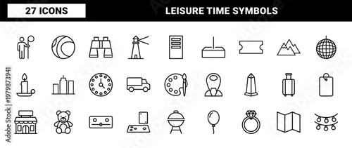 Black line art entertainment and travel icons on white background