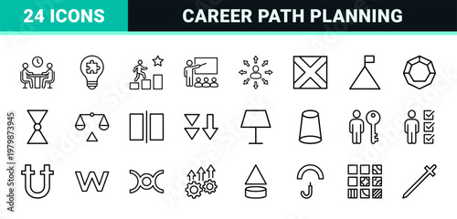 Professional business development and career growth line icon set