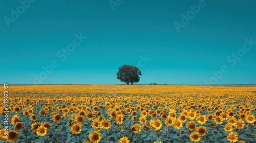 Vibrant Sunflower Field Under Clear Blue Sky with Lone Tree