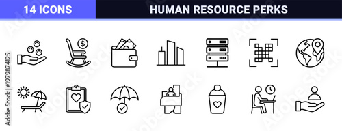 Human resources and employee benefits thin line icon collection