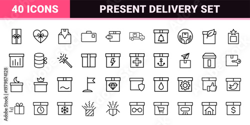 Minimalist gift box and present delivery line icon collection.