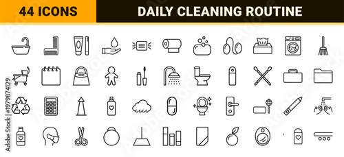 Minimalist hygiene and personal care outline icon set for health and sanitation.