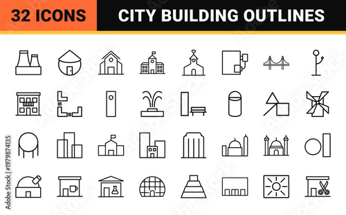 Minimalist outline building and architecture icon set for urban planning and real estate.