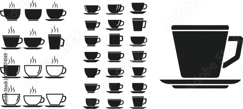 Coffee Cup Silhouette Collection with Various Mug and Teacup Shapes Set for Cafe Menu Beverage Icons Vector Illustration