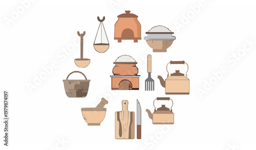 Traditional rural cooking tools outline icon collection with village kitchen utensils in circular layout