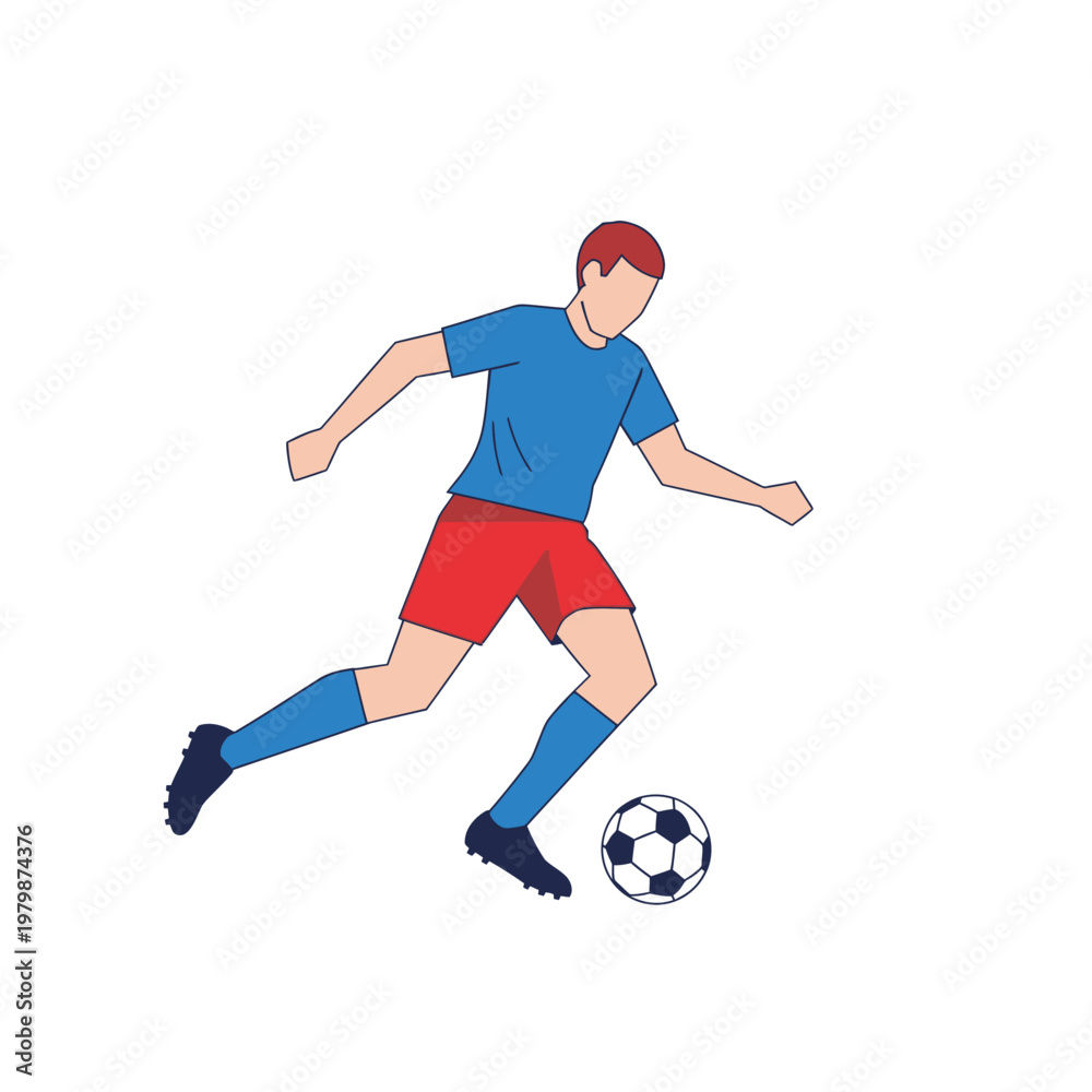 Obraz premium Soccer Player Kicking Ball, Dynamic Action Pose, Flat Design Illustration