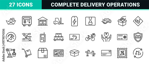 Logistics, supply chain, delivery line art icon set.