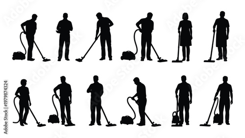 A collection of black silhouette figures depicting people engaged in various cleaning tasks with domestic equipment high quality professional detailed modern
