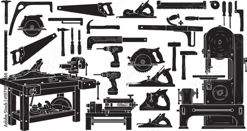 Collection of various black tools and equipment on white background