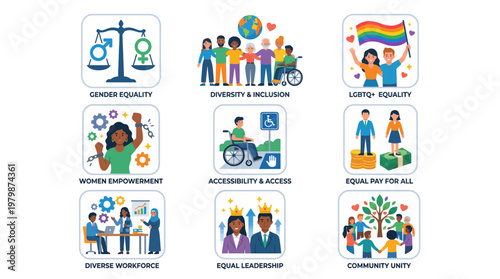 Illustrations of diversity and inclusion concepts like gender equality, LGBTQ+ equality, and community unity