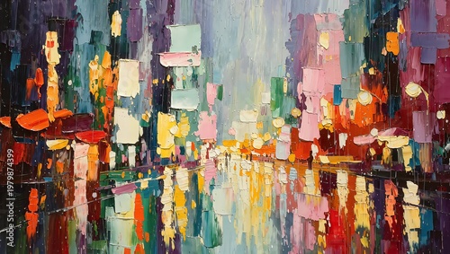 Abstract impasto oil painting of a rainy city street at night, featuring vibrant city lights reflected on wet pavement with heavy palette knife textures.