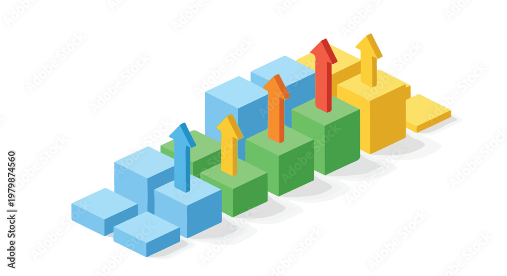 Fototapeta premium An isometric vector graphic depicts rising bar charts made of colorful cubes with upward arrows, symbolizing data growth and business success.