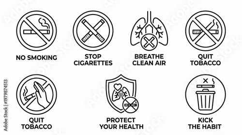 No Smoking Signs and Symbols, Quit Smoking Health Warnings, Protect Your Health, Breathe Clean Air, Quit Tobacco