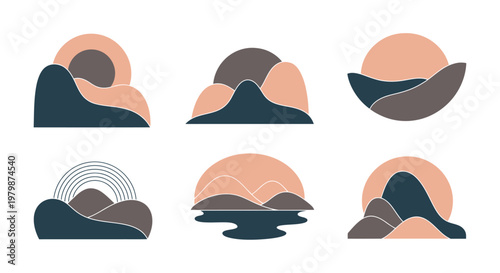 Minimalist mountain range landscape icons.