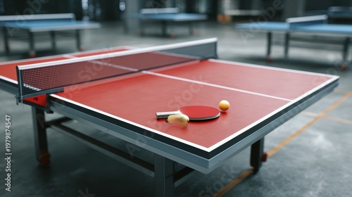 Red Table Tennis Setup with Paddles and Balls in a Spacious Hall