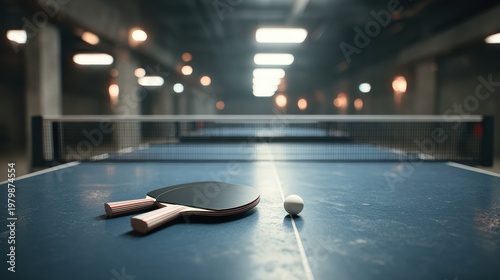 Table Tennis Equipment on a Blue Surface in an Indoor Setting
