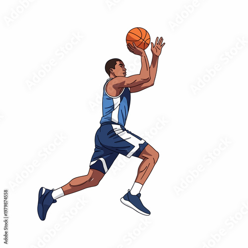 Young man playing basketball, jumping and shooting a basketball, isolated on white background