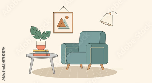 Cozy Teal Armchair with Plant and Artwork.