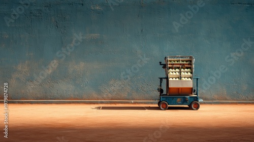 Vintage Cart with Baskets Against Textured Blue Wall