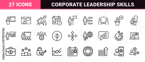 Business teamwork and corporate leadership outline icon set