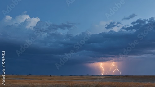Dramatic Thunderstorm with Lightning Striking Over Open Landscape