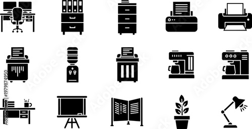 Office Equipment and Furniture Glyph Icon Set