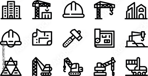 Construction icons set with buildings cranes and workers equipment tools  isolated on transparent background
