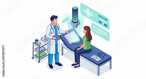 Medical AI Voice Recognition and Automated Documentation: Isometric Illustration of Doctor Consult with Patient and Smart Digital Dictation System