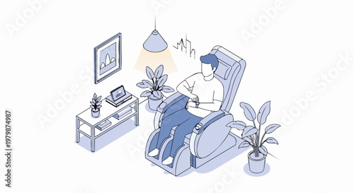 Isometric Illustration of a Man Relaxing in a Modern Massage Chair at Home, Controlling Smart Features with a Watch
