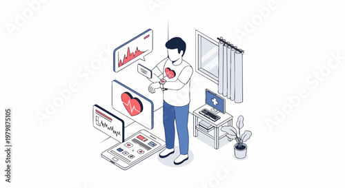 Telehealth and Remote Patient Monitoring Isometric Illustration with Man Using Smartwatch and Health Tracking App for Heart Rate Bio-tracking and Digital Healthcare