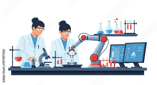 Two scientists in a high-tech lab use a robotic arm and advanced equipment to perform experiments and analyze data on computer screens.