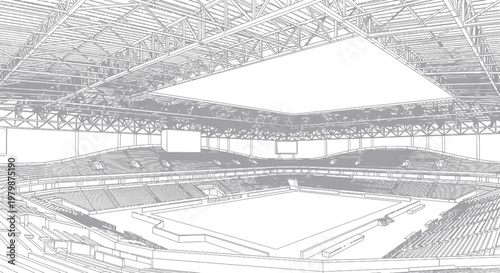 A large empty sports stadium with rows of seats and an open field under a high ceiling is seen from a wide aerial view.