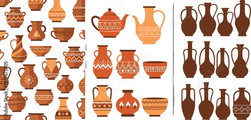 Clay Pottery Collection with Traditional Ceramic Vases Jugs and Decorative Earthenware Set for Craft Culture Design Vector Illustration