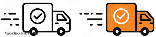 Fast delivery truck icon set with checkmark symbol, express shipping logistics service and cargo transport, quick order fulfillment and approved delivery tracking concept vector