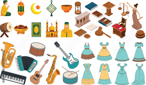 Isometric legal justice icons set with courthouse gavel scales for business design